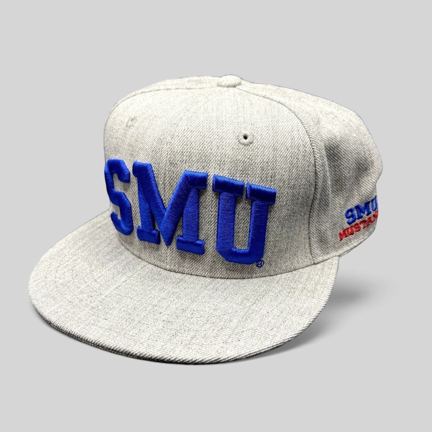 Raree Finds SMU Mustangs heather gray fitted hat with oversized blue raised embroidery and flat brim