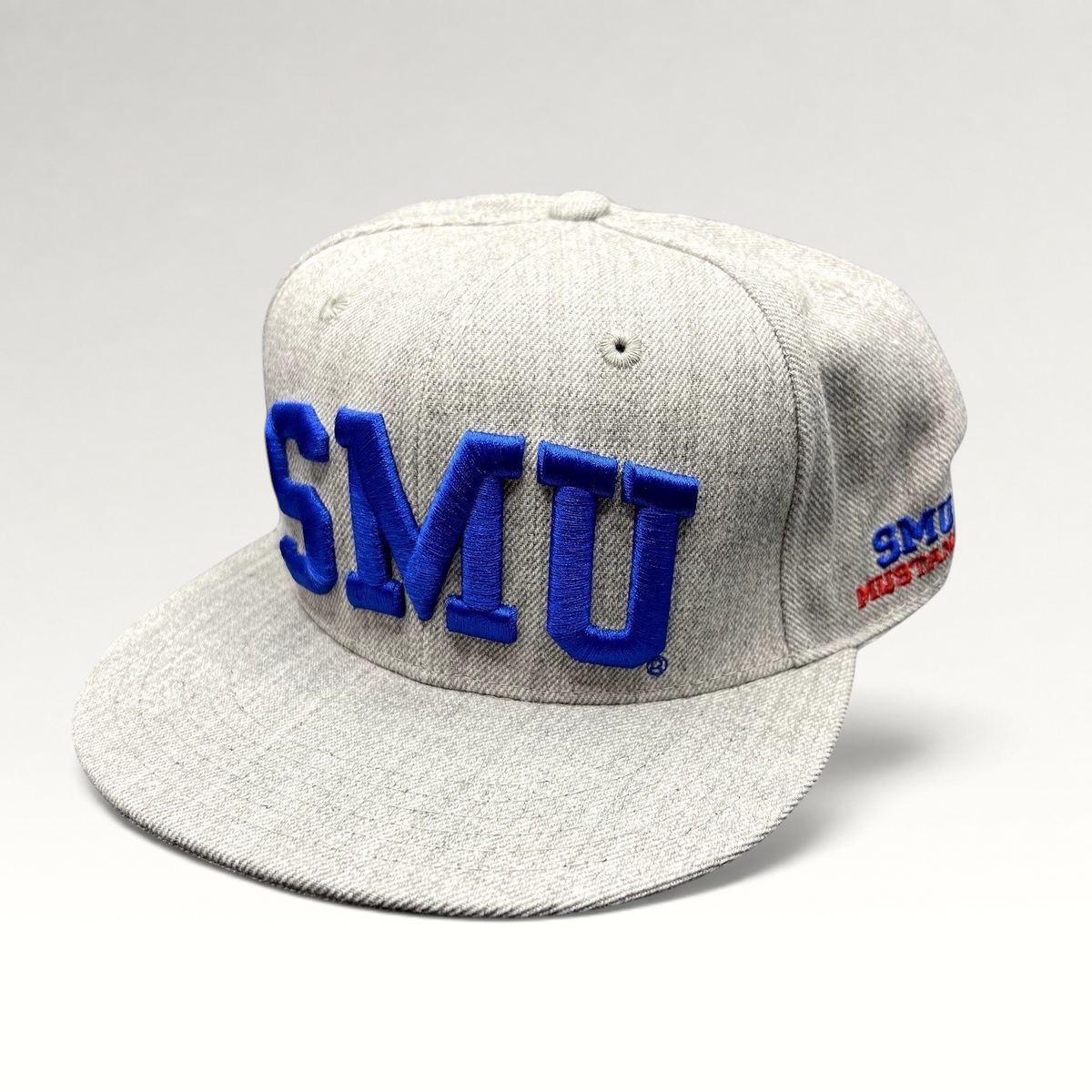 Raree Finds SMU Mustangs heather gray fitted hat with oversized blue raised embroidery and flat brim