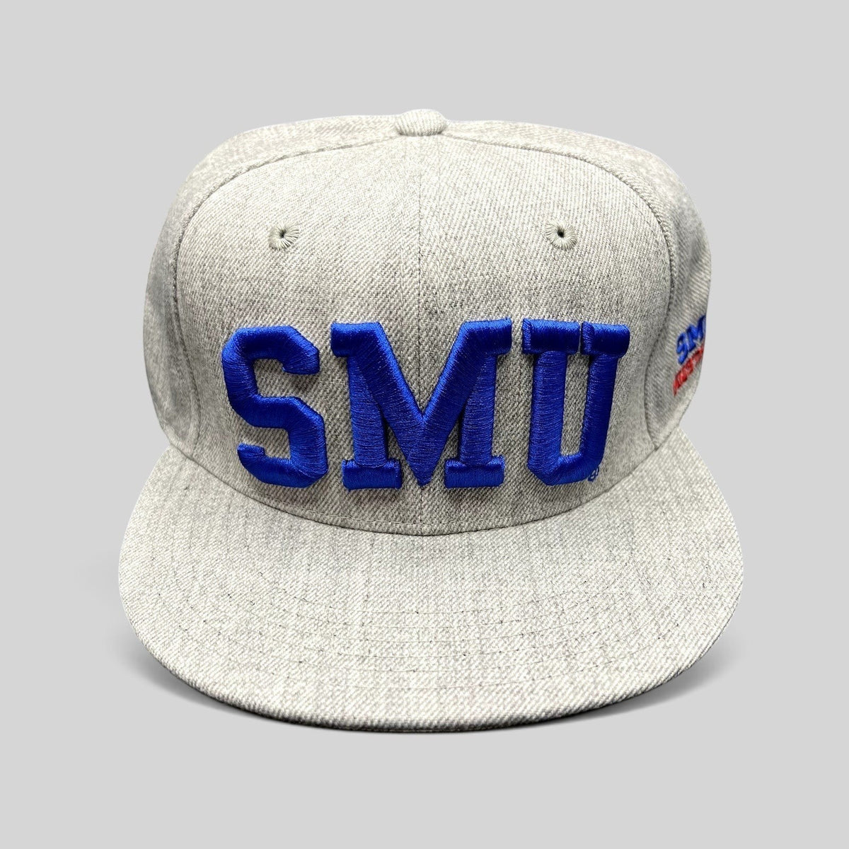 Raree Finds SMU Mustangs heather gray fitted hat with raised blue embroidery and flat brim