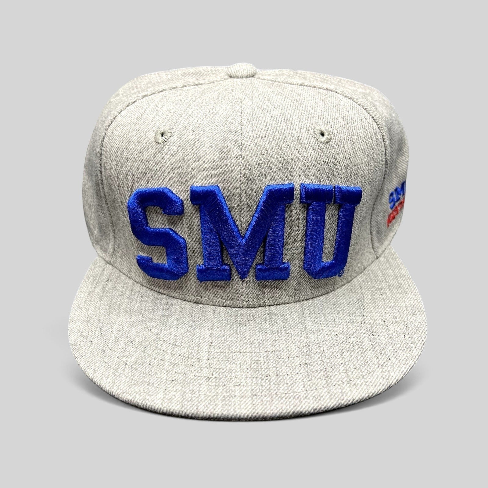 Raree Finds SMU Mustangs heather gray fitted hat with raised blue embroidery and flat brim