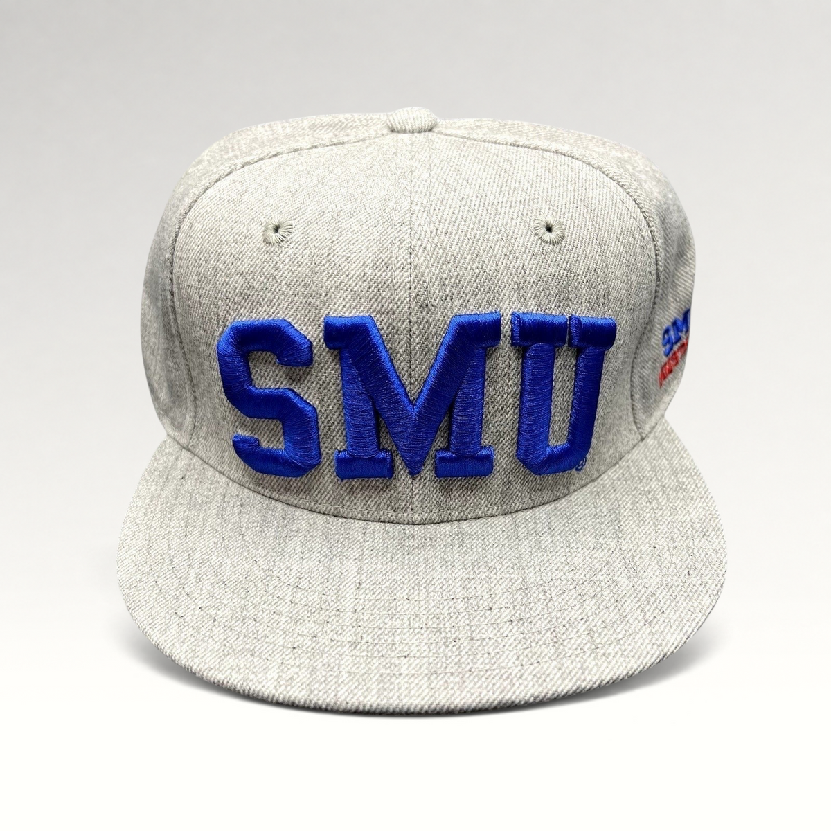 Raree Finds SMU Mustangs heather gray fitted hat with raised blue embroidery and flat brim