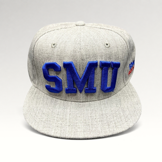 Raree Finds SMU Mustangs heather gray fitted hat with raised blue embroidery and flat brim
