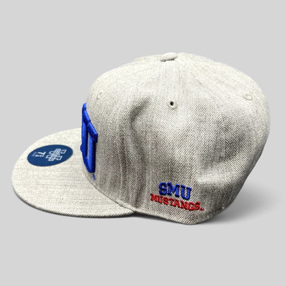 Raree Finds SMU Mustangs fitted hat in heather gray with royal blue raised embroidery and flat brim