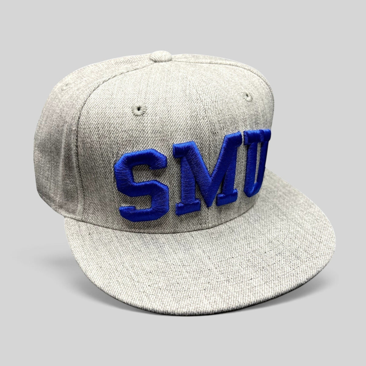 Raree Finds SMU Mustangs heather gray fitted hat with raised blue embroidered lettering and flat brim