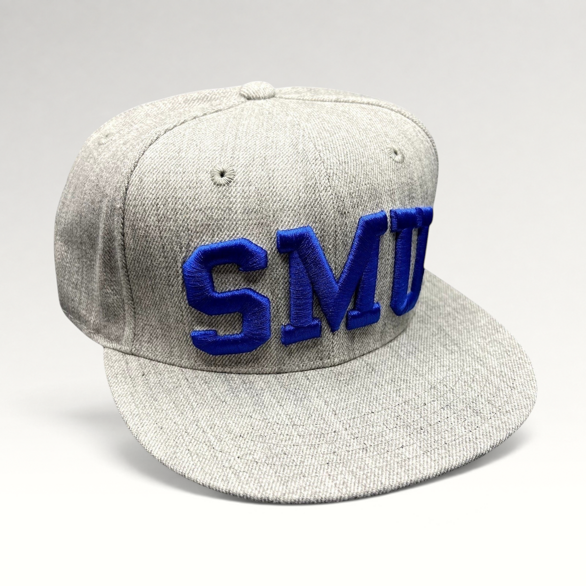 Raree Finds SMU Mustangs heather gray fitted hat with raised blue embroidered lettering and flat brim