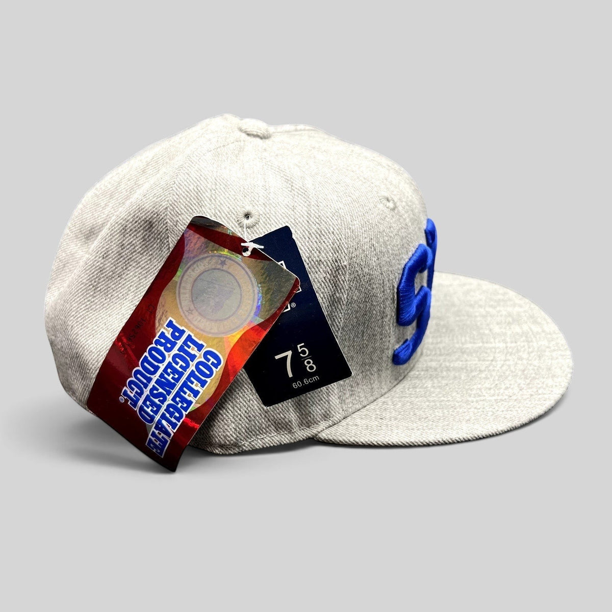 Raree Finds SMU Mustangs heather gray fitted hat with blue raised embroidery and collegiate tags attached