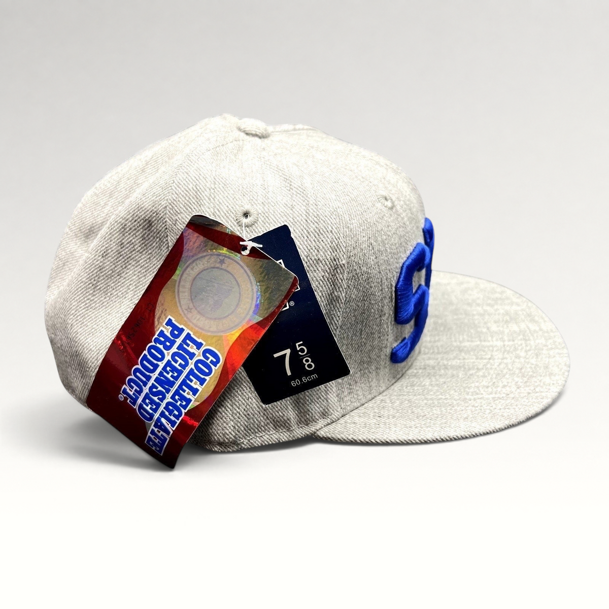Raree Finds SMU Mustangs heather gray fitted hat with blue raised embroidery and collegiate tags attached
