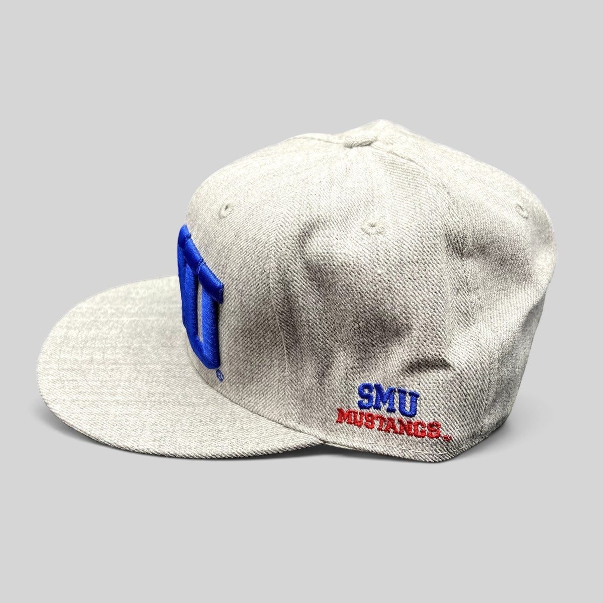 Raree Finds SMU Mustangs heather gray fitted hat with blue and red side embroidery and flat brim
