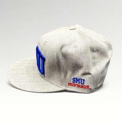 Raree Finds SMU Mustangs heather gray fitted hat with blue and red side embroidery and flat brim