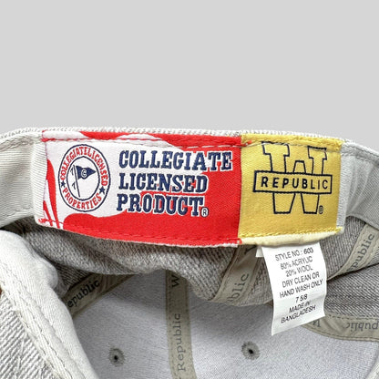 Raree Finds interior label of a W Republic SMU Mustangs hat showing collegiate licensed product and material tags.