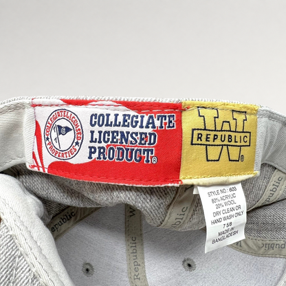 Raree Finds interior label of a W Republic SMU Mustangs hat showing collegiate licensed product and material tags.