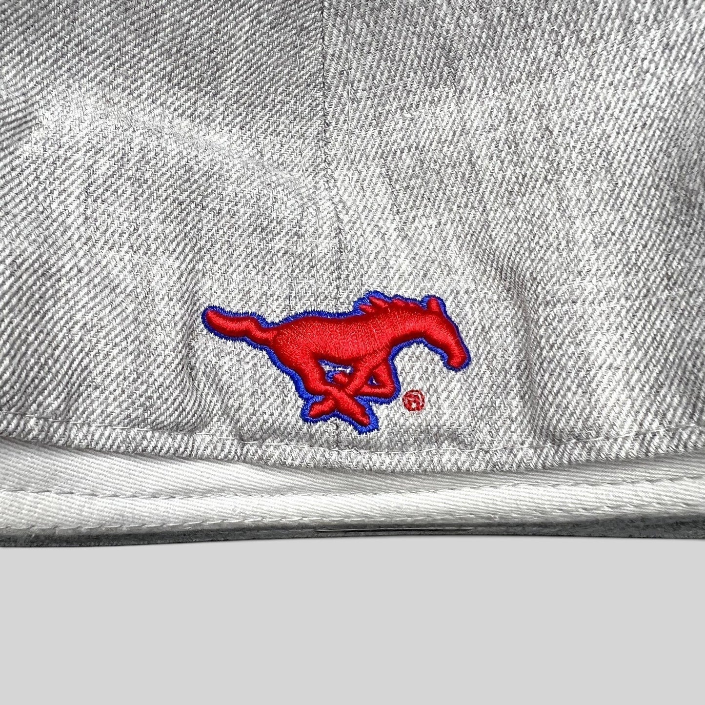 Raree Finds SMU Mustangs fitted hat featuring a red and blue embroidered horse logo on the heather gray wool blend
