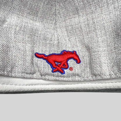 Raree Finds SMU Mustangs fitted hat featuring a red and blue embroidered horse logo on the heather gray wool blend