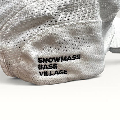 Raree Finds white performance running hat with Snowmass Base Village embroidery on the breathable mesh side panel