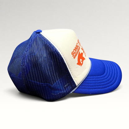 Raree Finds Sonic Speed Café trucker hat in blue and white with Japanese katakana and mesh back panels