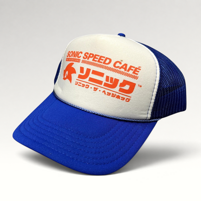 Raree Finds Sonic Speed Café trucker hat with blue mesh back, white foam front, and Japanese Sonic the Hedgehog logo.