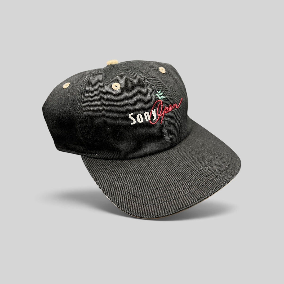 Raree Finds vintage black cotton Ahead golf cap with Sony Open Hawaii embroidered logo and beige contrast eyelets.
