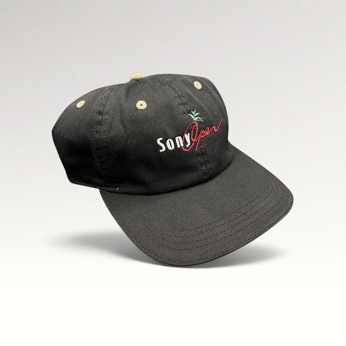 Raree Finds vintage black cotton Ahead golf cap with Sony Open Hawaii embroidered logo and beige contrast eyelets.