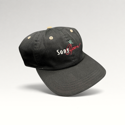 Raree Finds vintage black cotton Ahead golf cap with Sony Open Hawaii embroidered logo and beige contrast eyelets.