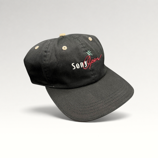 Raree Finds vintage black cotton Ahead golf cap with Sony Open Hawaii embroidered logo and beige contrast eyelets.