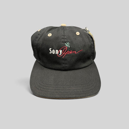 Raree Finds vintage Ahead Sony Open Hawaii black cotton golf cap with beige contrast stitching and embroidered logo