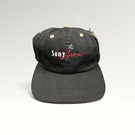 Raree Finds vintage Ahead Sony Open Hawaii black cotton golf cap with beige contrast stitching and embroidered logo