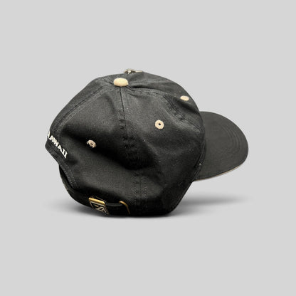 Raree Finds Sony Open Hawaii golf hat in black cotton with beige eyelets and brass buckle strapback
