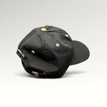 Raree Finds Sony Open Hawaii golf hat in black cotton with beige eyelets and brass buckle strapback
