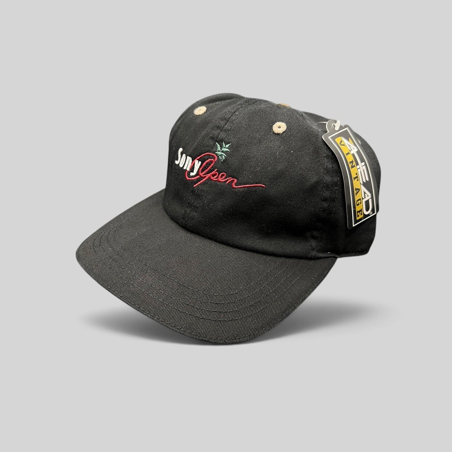 Raree Finds vintage black Ahead cotton golf cap with Sony Open Hawaii embroidery and beige contrast stitching.