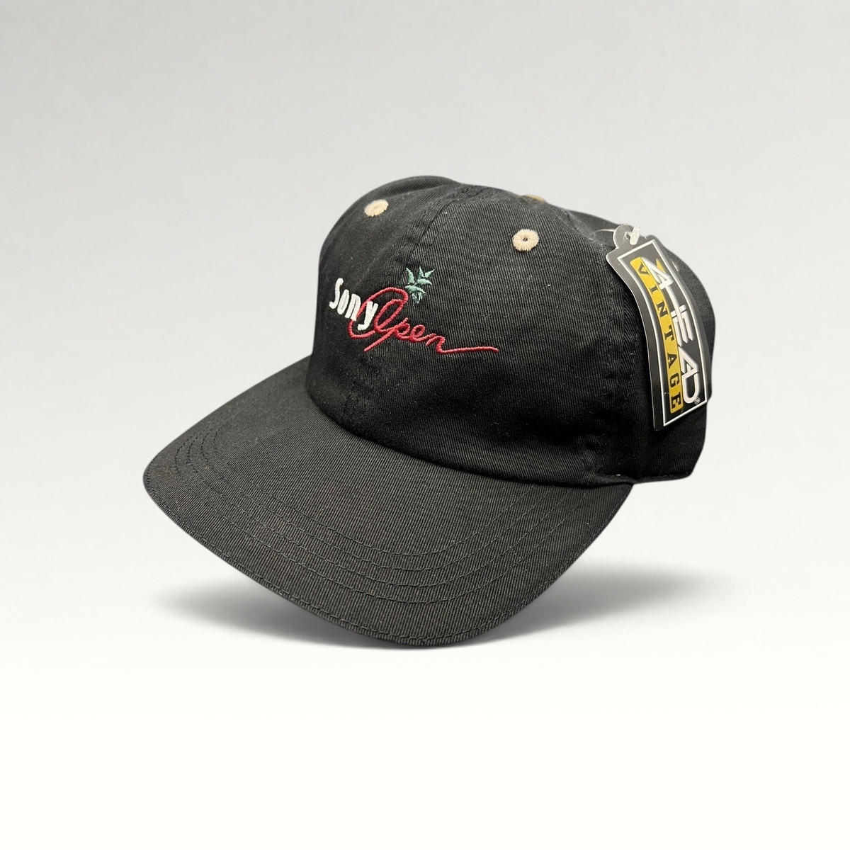 Raree Finds vintage black Ahead cotton golf cap with Sony Open Hawaii embroidery and beige contrast stitching.