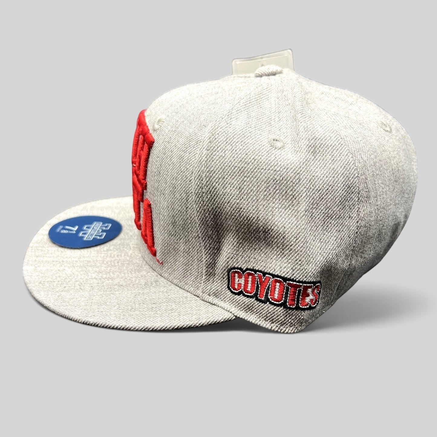 Raree Finds South Dakota collegiate fitted hat in heather gray with red raised embroidery and flat brim