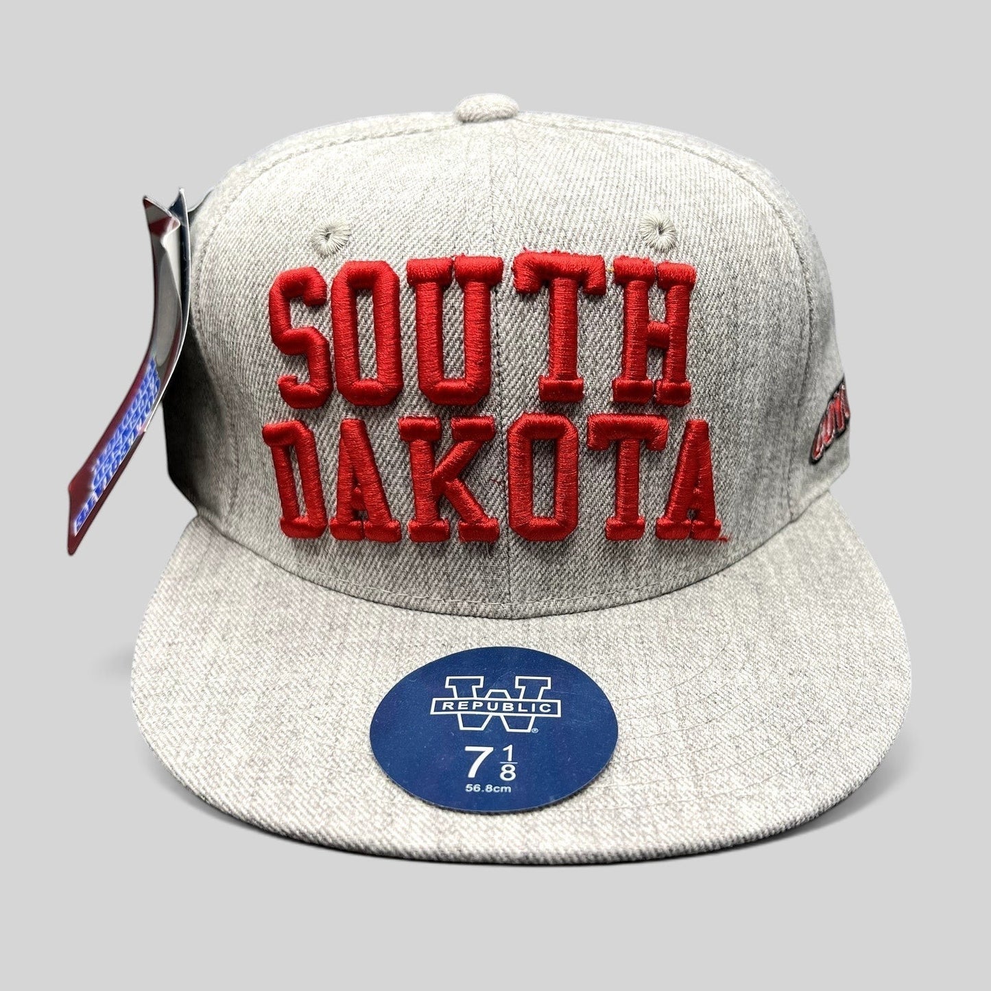 Raree Finds W Republic South Dakota fitted hat in heather gray with raised red collegiate embroidery and flat brim.