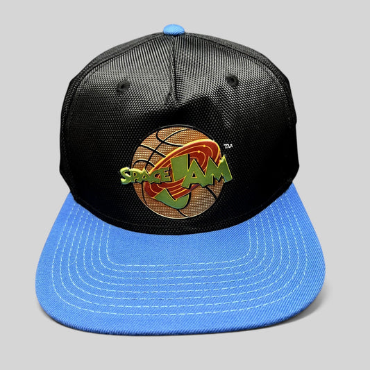 Raree Finds 2016 Space Jam snapback hat with a textured black crown, bright blue flat brim, and embroidered logo.