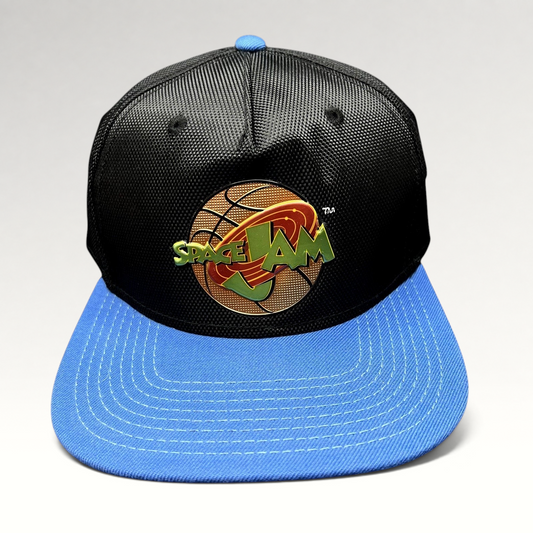Raree Finds 2016 Space Jam snapback hat with a textured black crown, bright blue flat brim, and embroidered logo.