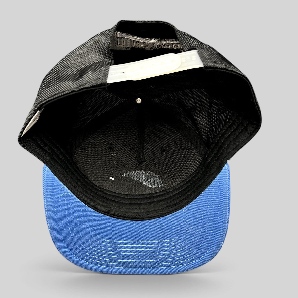 Raree Finds 2016 Space Jam snapback hat interior view showing black crown, blue brim, and adjustable plastic strap.