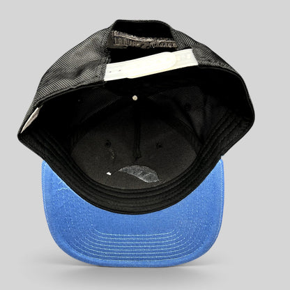 Raree Finds 2016 Space Jam snapback hat interior view showing black crown, blue brim, and adjustable plastic strap.