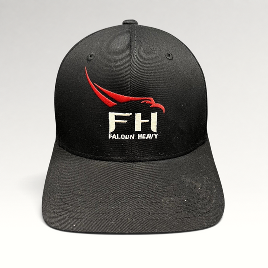 Raree Finds black SpaceX Falcon Heavy Flexfit hat with red and white embroidered logo on a structured curved brim cap
