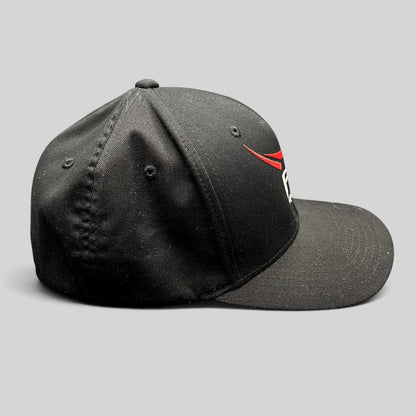 Raree Finds black SpaceX Falcon Heavy Flexfit hat with red embroidered logo and curved brim