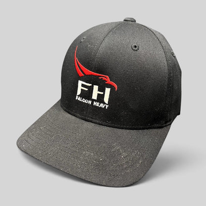 Raree Finds black Yupoong Flexfit hat with embroidered red and white SpaceX Falcon Heavy logo and curved brim