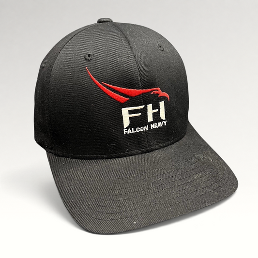 Raree Finds black SpaceX Falcon Heavy Flexfit hat with red and white embroidered logo on a structured curved brim