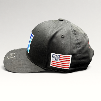 Raree Finds black snapback racing hat with embroidered Spears logo, American flag patch, and silver autograph on brim.