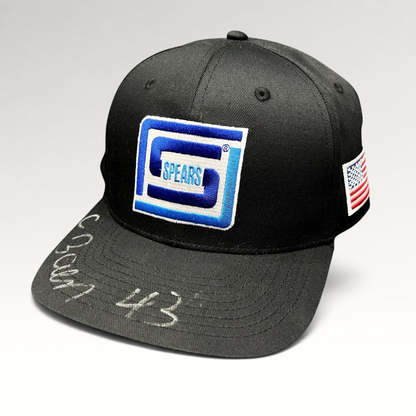 Raree Finds black snapback hat with blue Spears logo, American flag patch, and silver autograph on the brim.