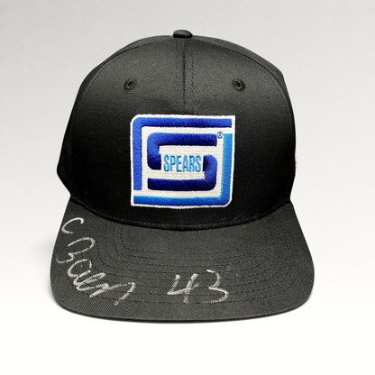 Raree Finds vintage black snapback hat with blue and white embroidered Spears logo and silver autograph on the brim.