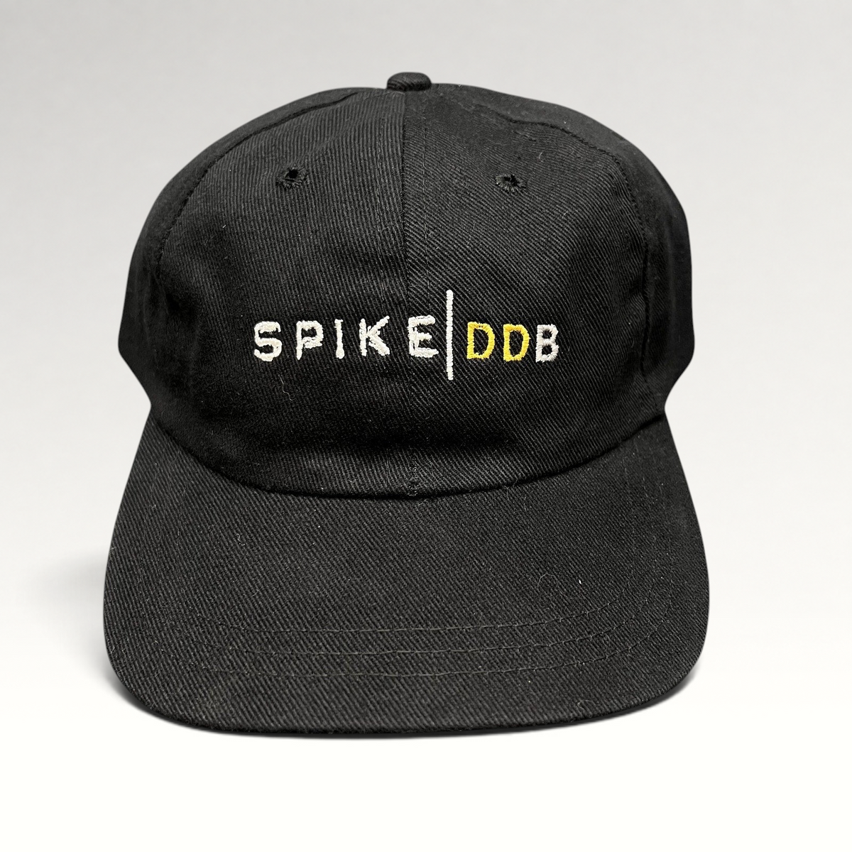 Raree Finds vintage black brushed cotton strapback hat with white and gold embroidered SPIKE | DDB logo