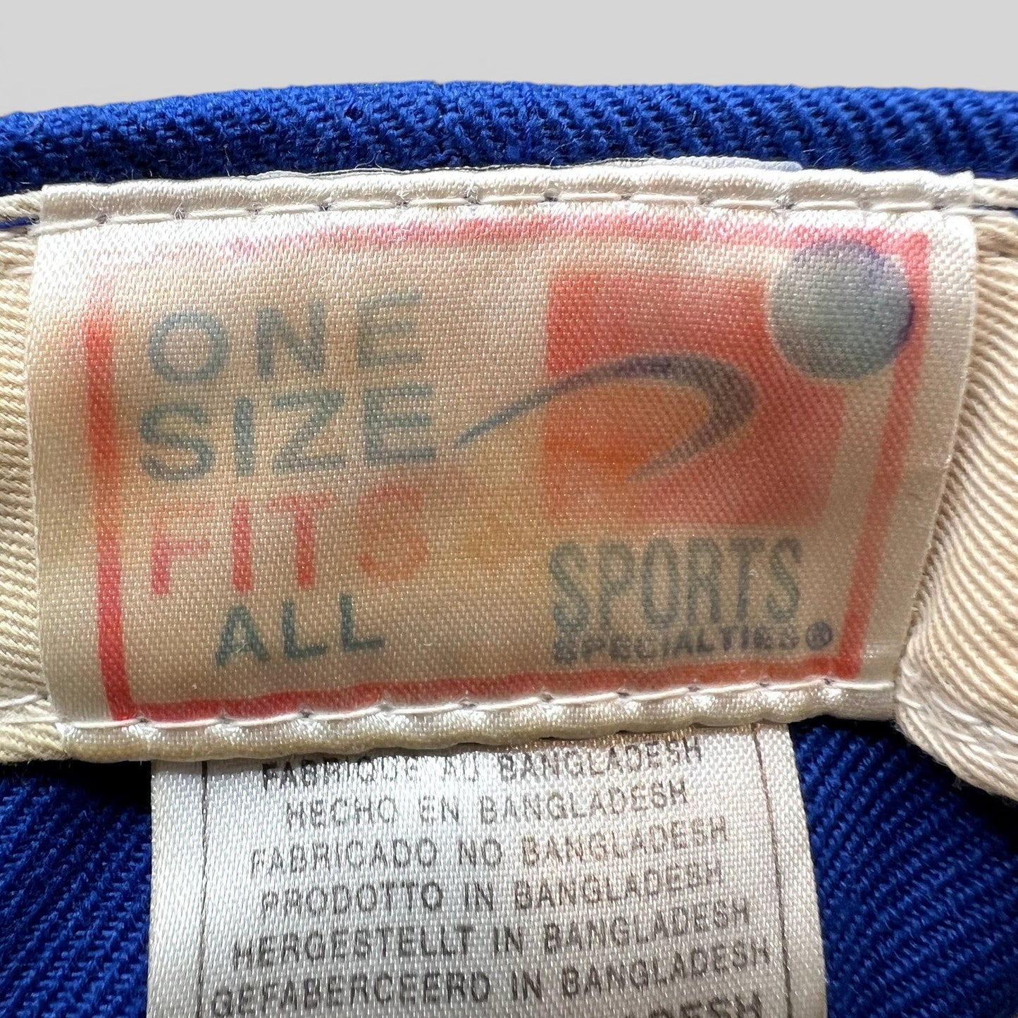 Raree Finds vintage Sports Specialties snapback hat inner label showing one size fits all and made in Bangladesh