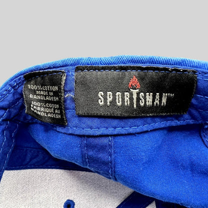 Raree Finds vintage Sportsman hat interior label showing 100% cotton material and Bangladesh origin in royal blue