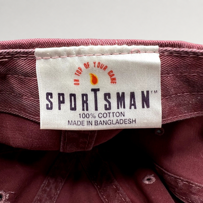 Raree Finds vintage Sportsman maroon cotton dad cap interior label showing 100% cotton and brand logo