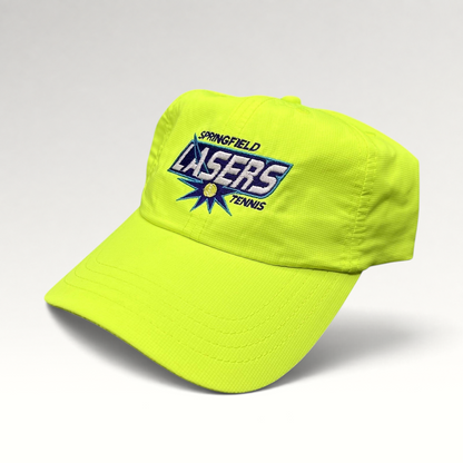 Raree Finds vintage Springfield Lasers World TeamTennis neon yellow polyester strapback hat with embroidered logo
