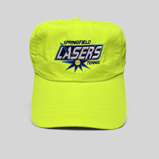 Raree Finds vintage Springfield Lasers neon yellow polyester strapback tennis hat with embroidered team logo