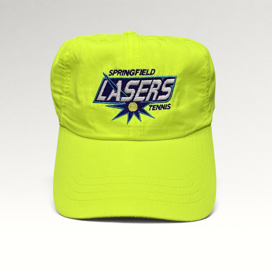 Raree Finds vintage Springfield Lasers neon yellow strapback tennis hat with embroidered World TeamTennis logo